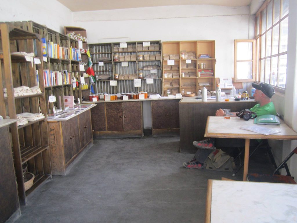 The inside of a Dzomsa shop, where you can easily spend a lazy hour or two, sipping freshly made sea buck thorn/ apricot juice. Its also a great place to sell your books and pickup some new ones, left by other travelers.