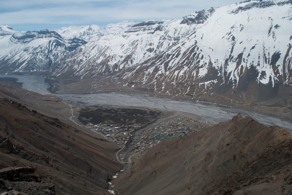 An aerial view of Kaza on an overcast day
