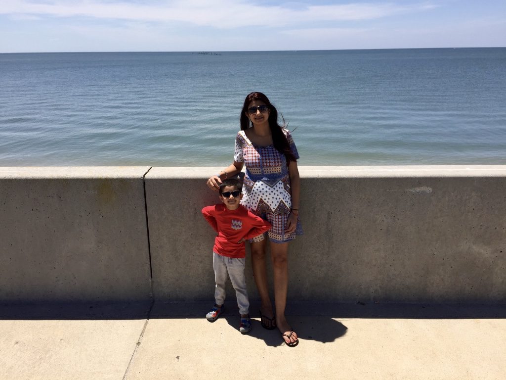 Wifey and Kiddo, still having fun after a long drive to Atlantic Ocean as seen from an overlook at Chesapeake bay bridge tunnel