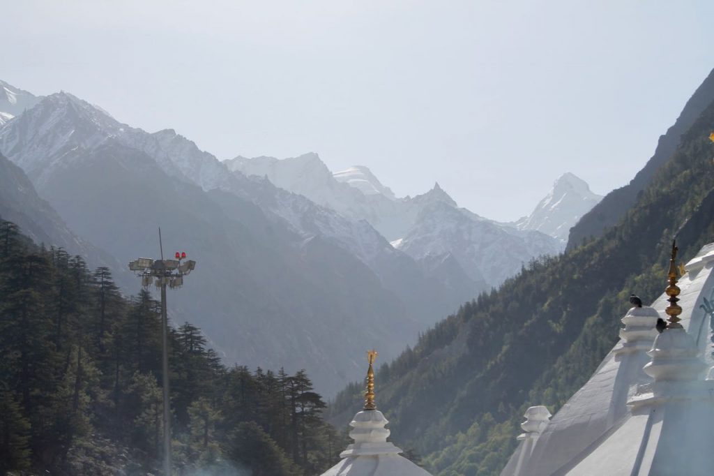 The Gangotri Dham set amidst the snow peaks which one can see at the start of trek