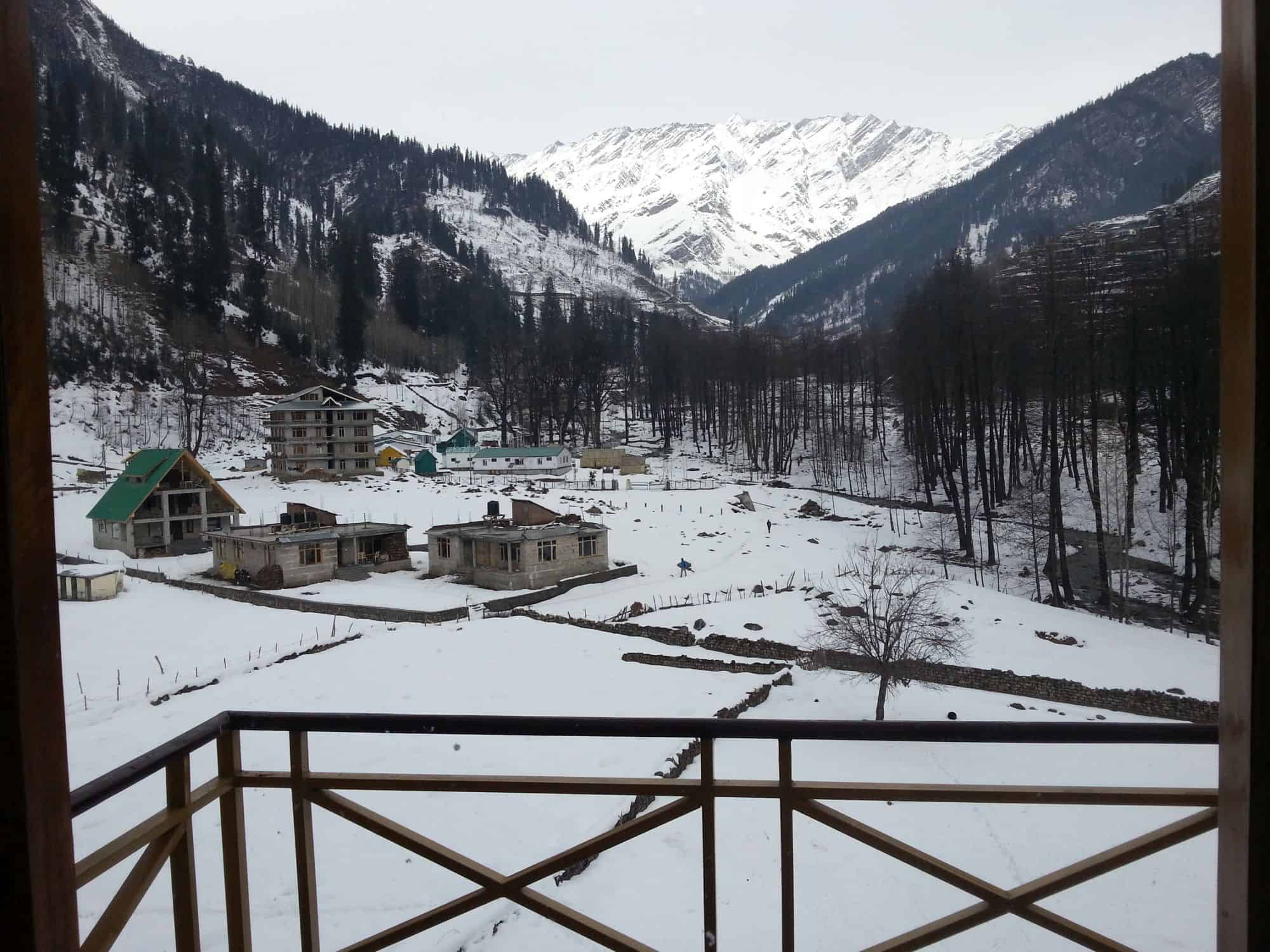 View from hotel room's balcony in Solang Valley