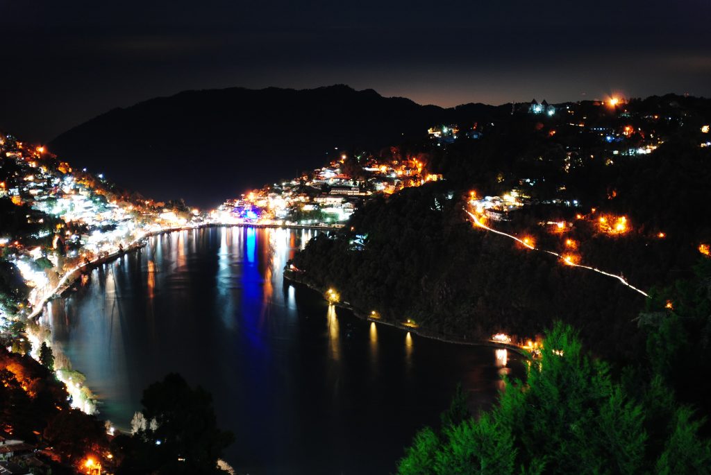 A glittering night view of Nainital Lake as seen from Mallital