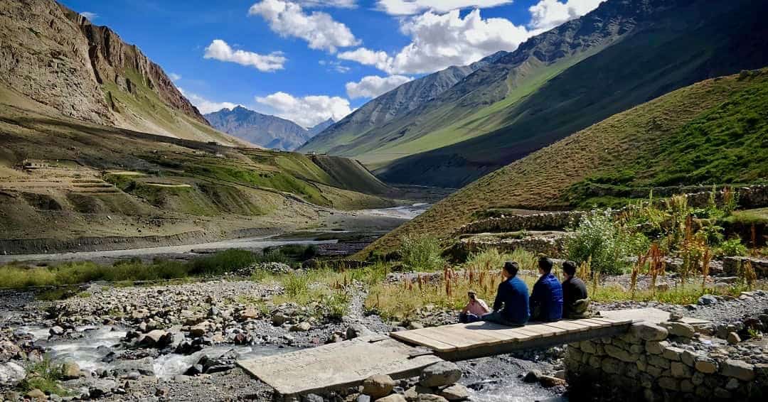 Wide view of Pin Valley National Park landscape near Mud village in Spiti at dusk