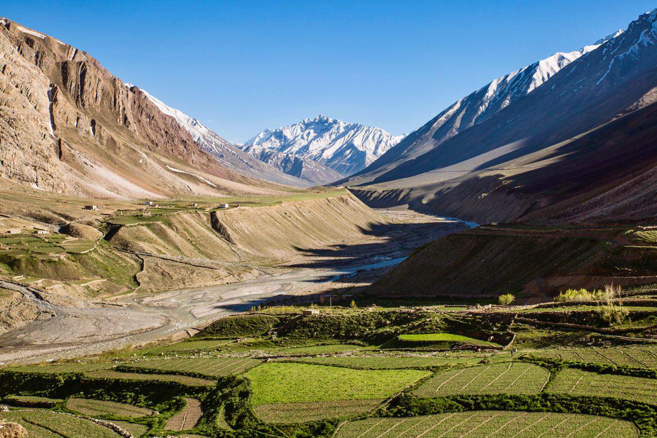 Magnificent green meadow view in Pin Valley National Park near Mud village in Spiti