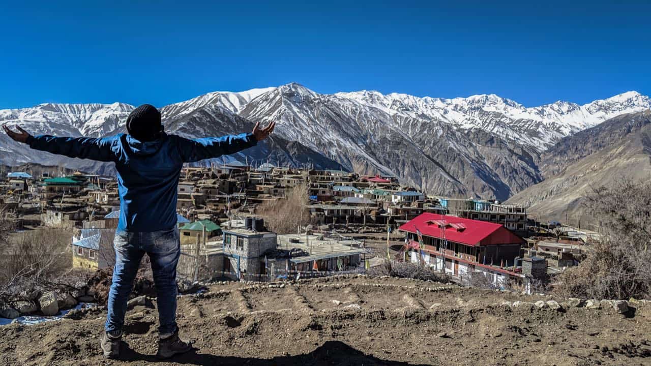 Nako village in upper Kinnaur with snow-capped peaks behind
