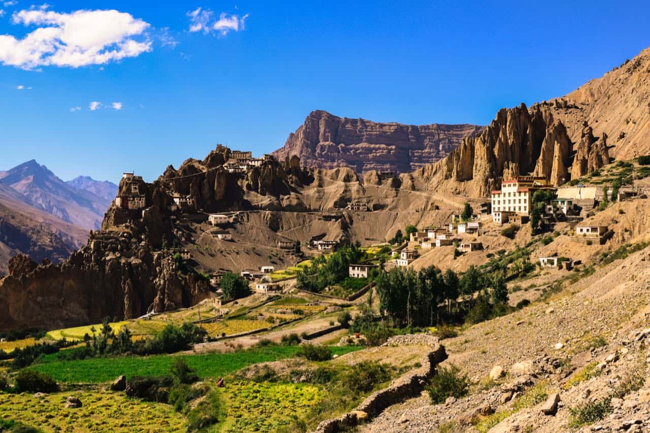 Dhankar Monastery and village on the cliffs across the Spiti River from Mane