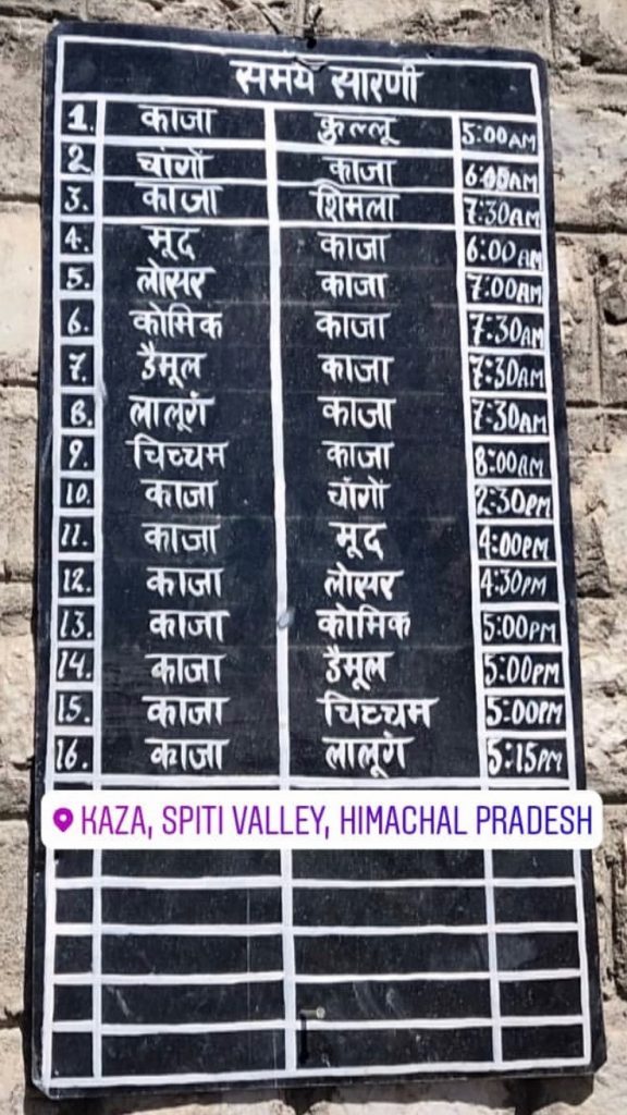 Public Transport in Spiti Valley Bus Timetable