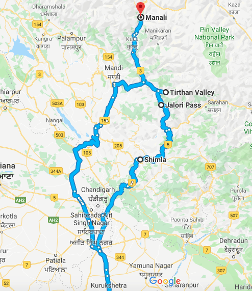 Delhi to Manali to Tirthan to Shimla Circuit Map