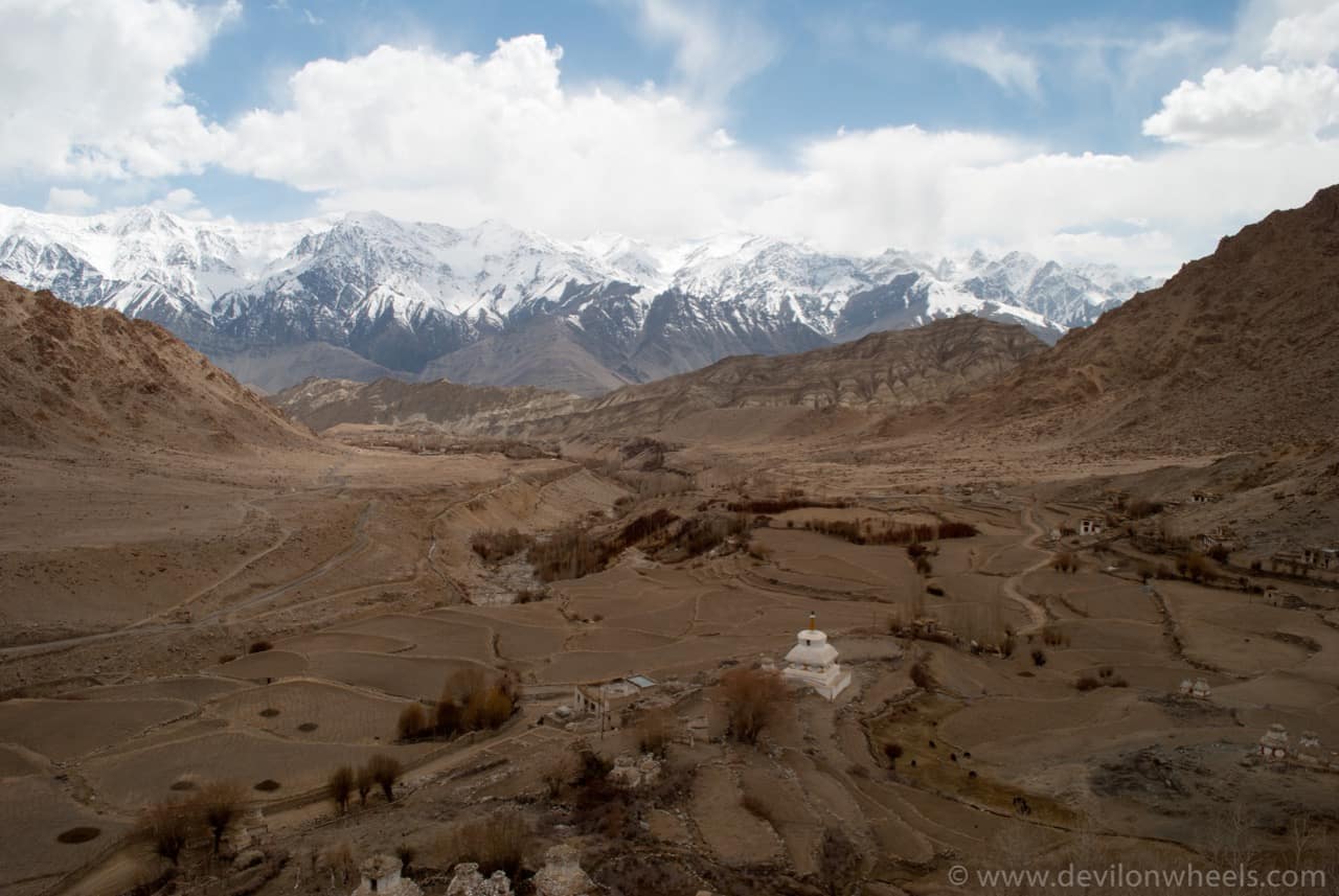 Views from Likir Monastery terrace showing the Ladakhi landscape and village below