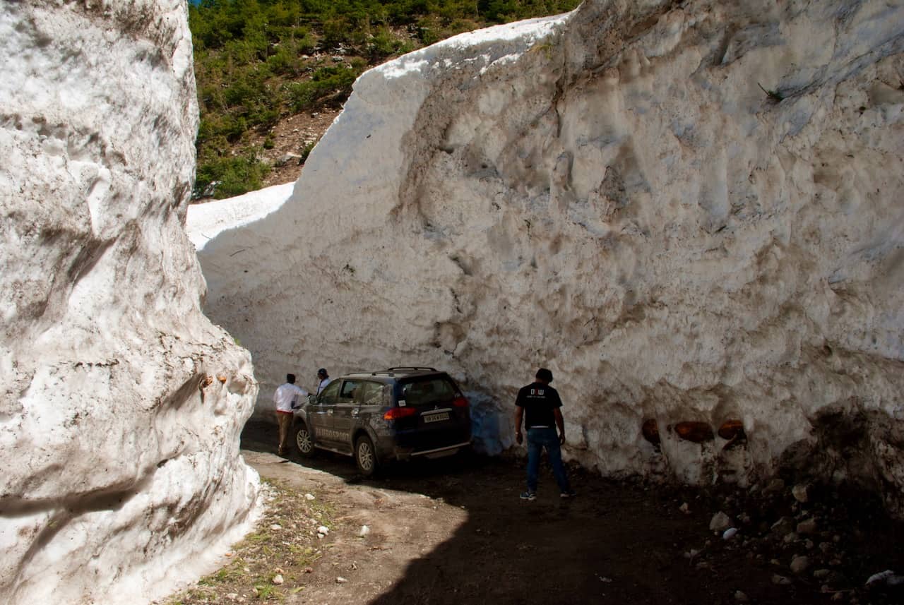 Snow walls at Dharali between Gangotri and Harsil on the Char Dham route