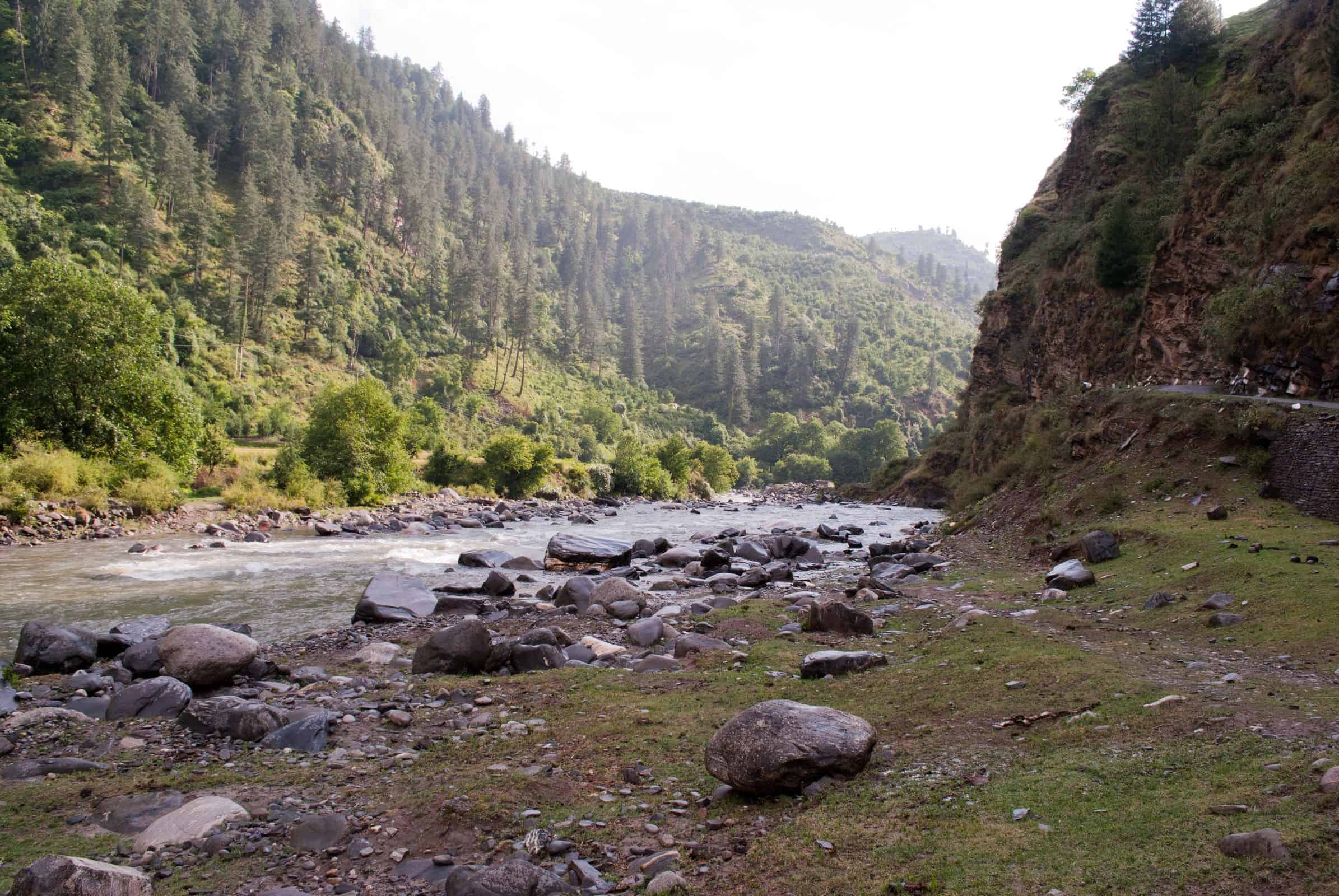 Pabbar River flowing through Rohru valley Himachal Pradesh surrounded by pine forests