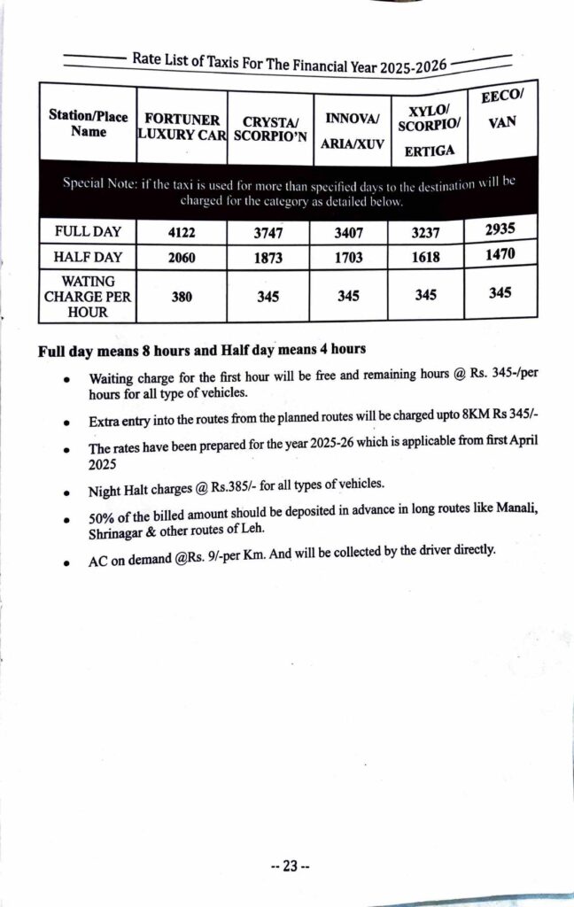 Leh Ladakh Taxi Rates List Union 2025-2026