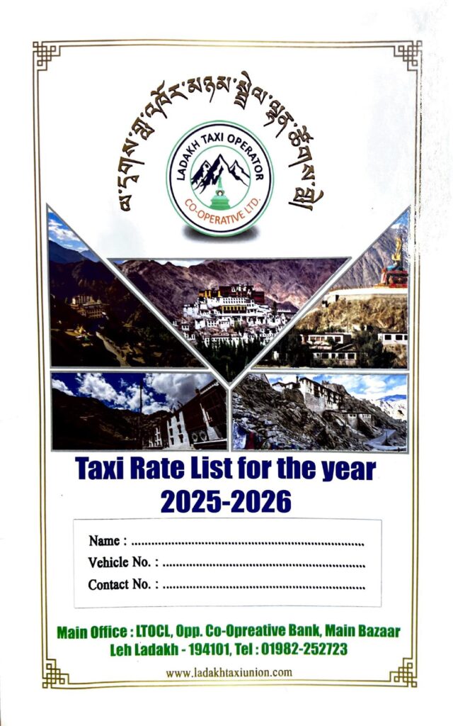 Leh Ladakh Taxi Rates List Union 2025-2026