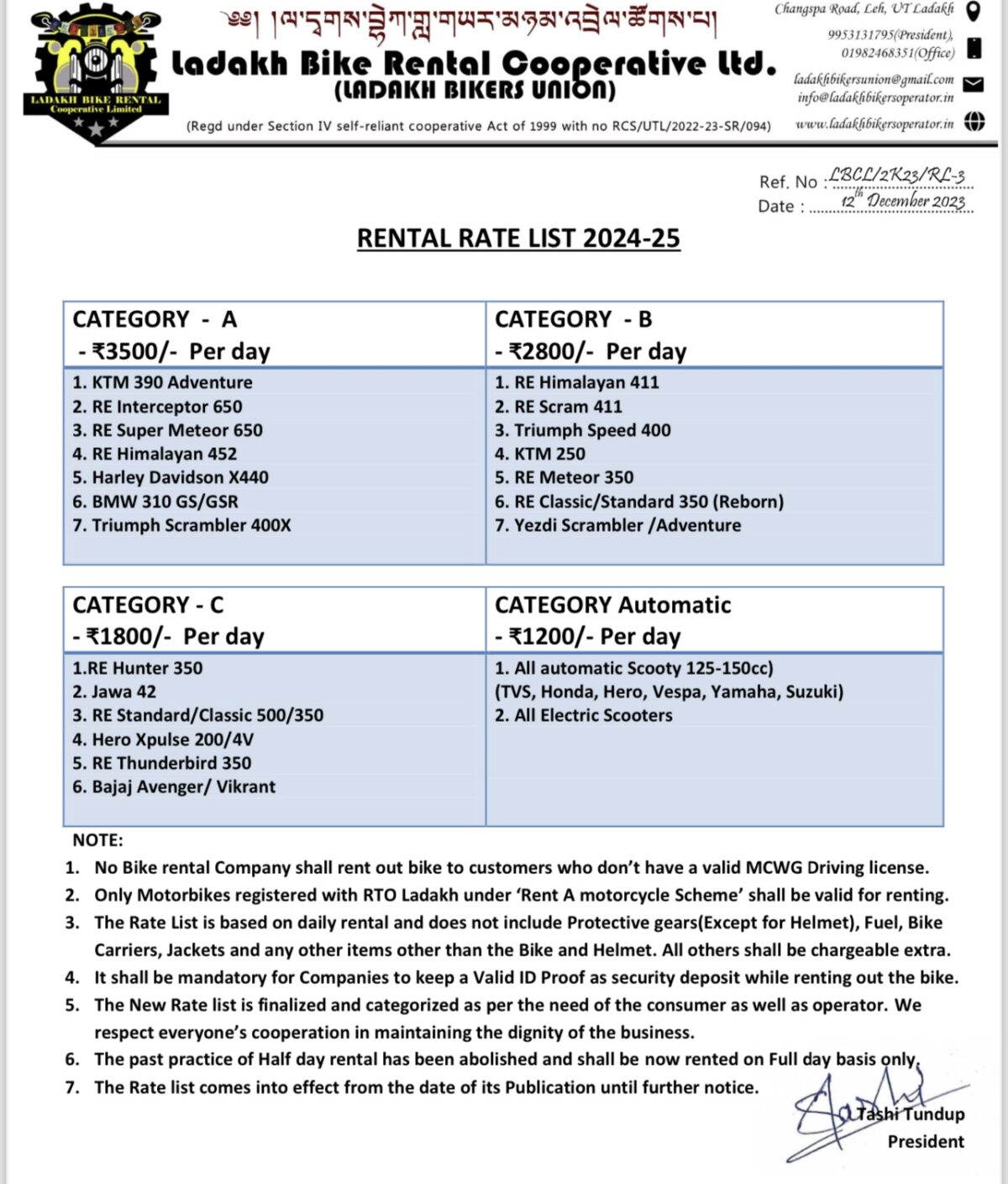 Leh - Ladakh Bike Rental Rates 2024-25 | Hike in Rates