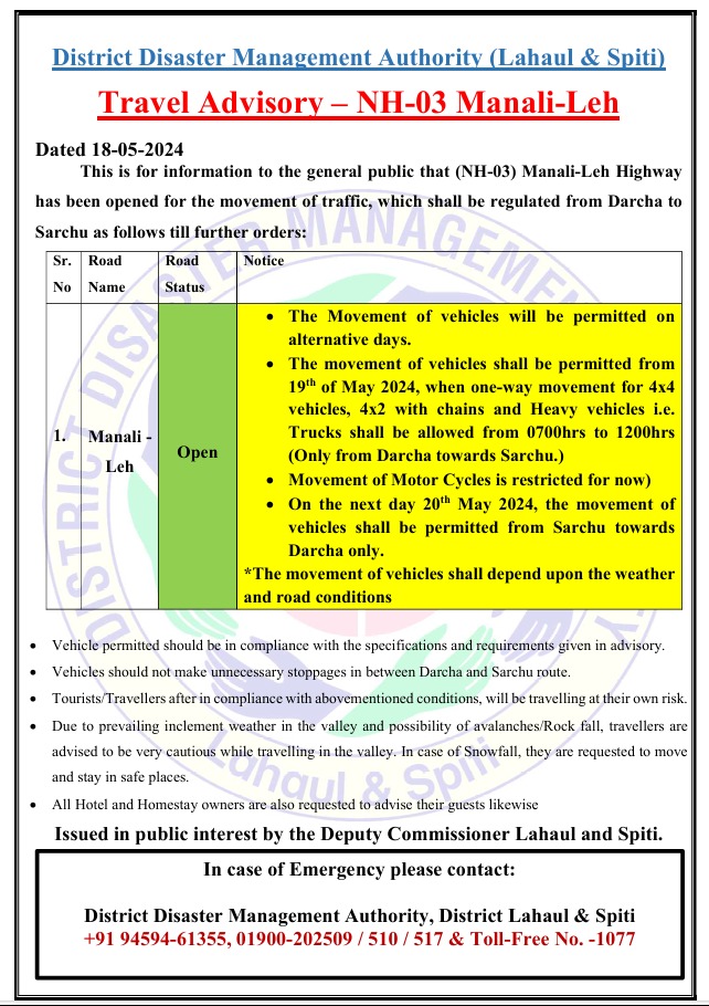 Manali Leh Highway Status is open - May 19, 2024