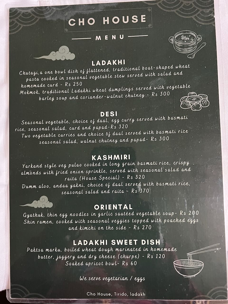 Food menu at Tirido Cho House showing authentic Ladakhi dishes and prices