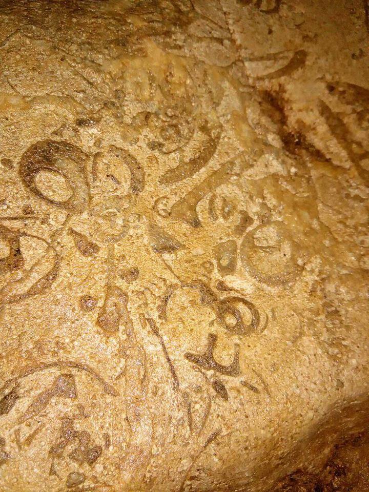 Marine fossil shapes embedded in limestone wall of Arwah Cave Meghalaya