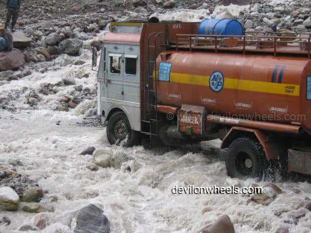Truck crossing violent Nullah at Zingzing bar on Manali - Leh National Highway