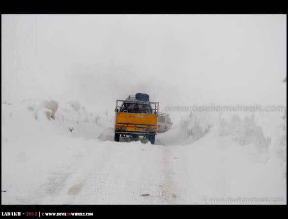 Vehicles Lining Up to Khardung La Pass in Snow