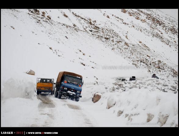 Snow on roads towards Khardung La Pass