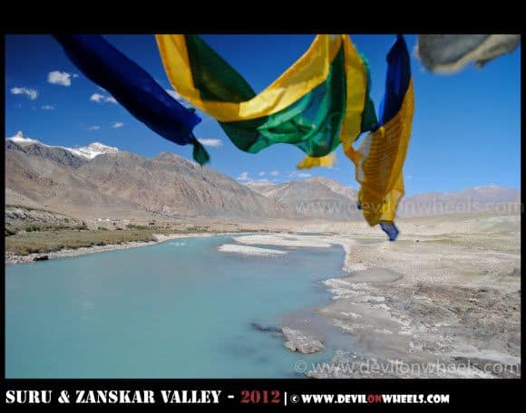 Aqua Colored Zanskar River with Prayer Flags in Zanskar Valley