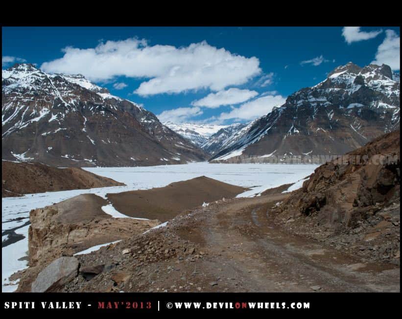 Looks like a frozen Lake towards Kunzum Pass, but it is snow and frozen river in Spiti Valley