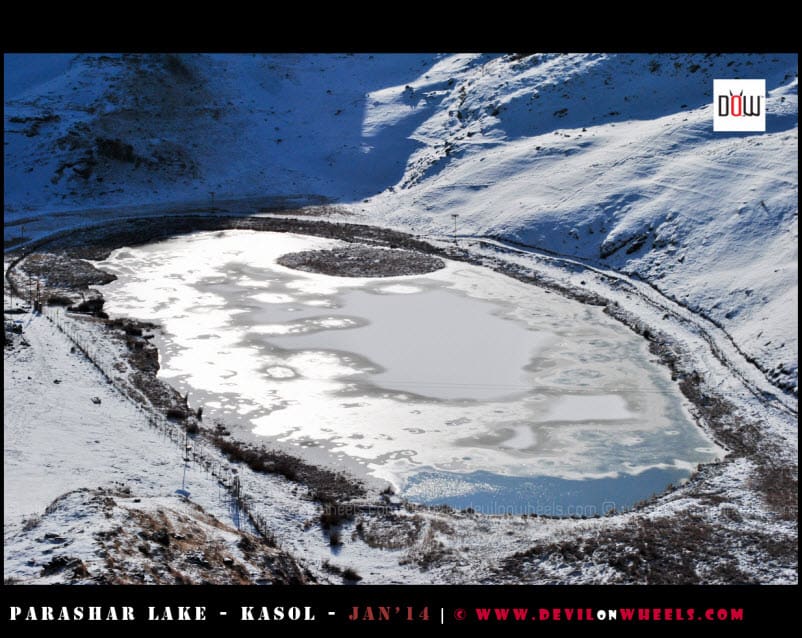 An Close-up view of the Semi Frozen Prashar Lake