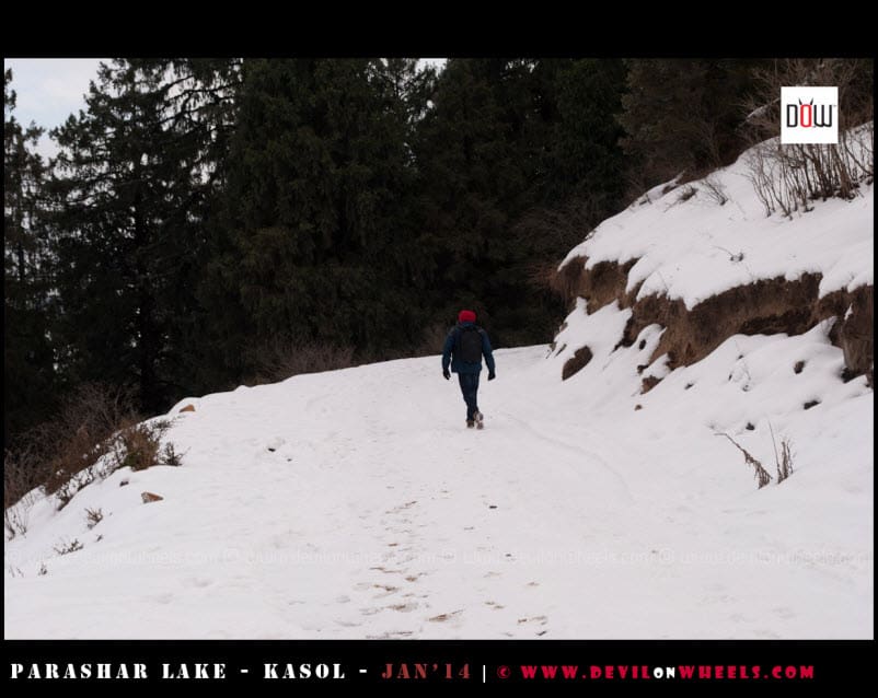 That's Bikram, walking a lonely road to Prashar Lake